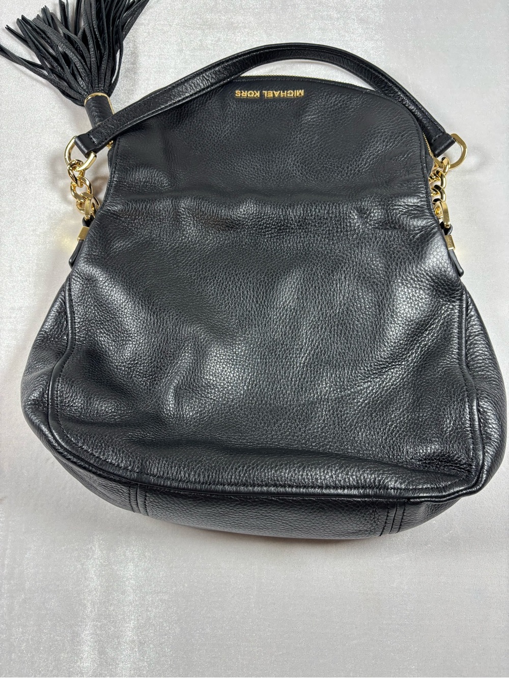 Michael Kors Black Pebbled Leather Tassel Shoulder Bag Gold Chain Hobo Purse - Picture 6 of 14